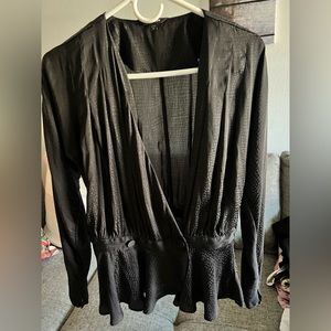 Black low cross front silky shirt with long sleeves